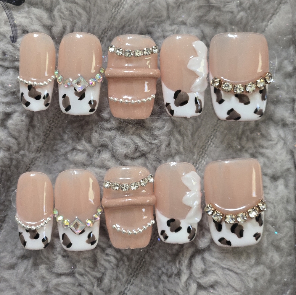 A.L.C. Nude and White Leopard Press-On Nail Set with Rhinestones